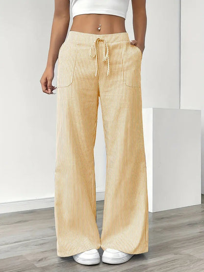 Rhea Striped Linen-Look Wide Leg Pants with Drawstring – Yellow