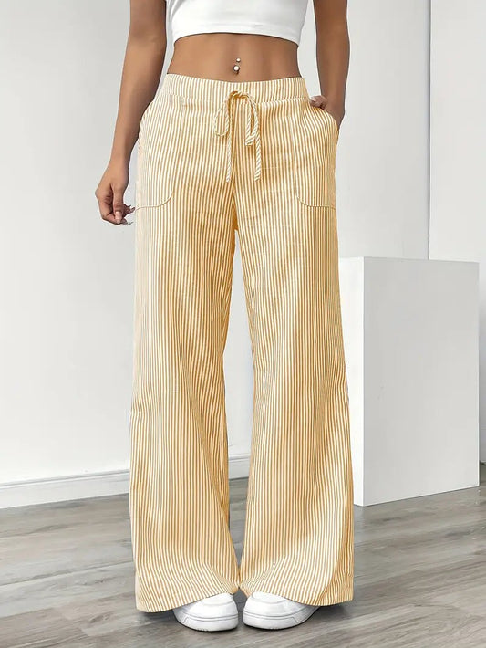 Rhea Striped Linen-Look Wide Leg Pants with Drawstring – Yellow