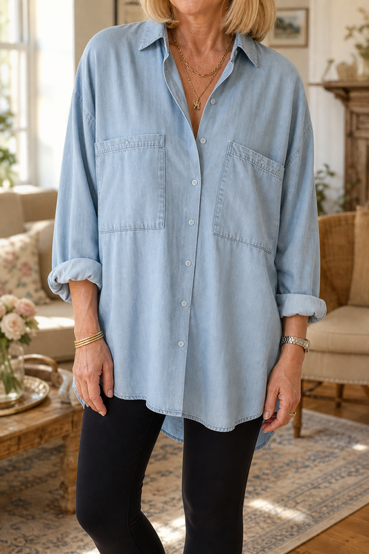 Rosa Oversized Denim Tunic Top with Chest Pockets – Sky Blue