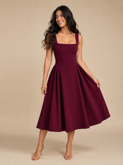 Sadie Square Neck Midi Dress with Flared Skirt