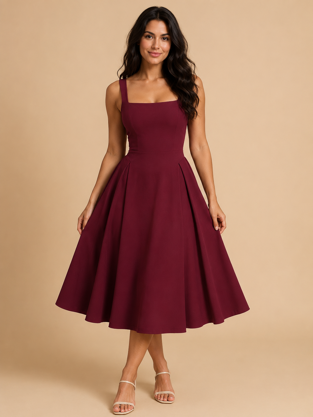 Sadie Square Neck Midi Dress with Flared Skirt