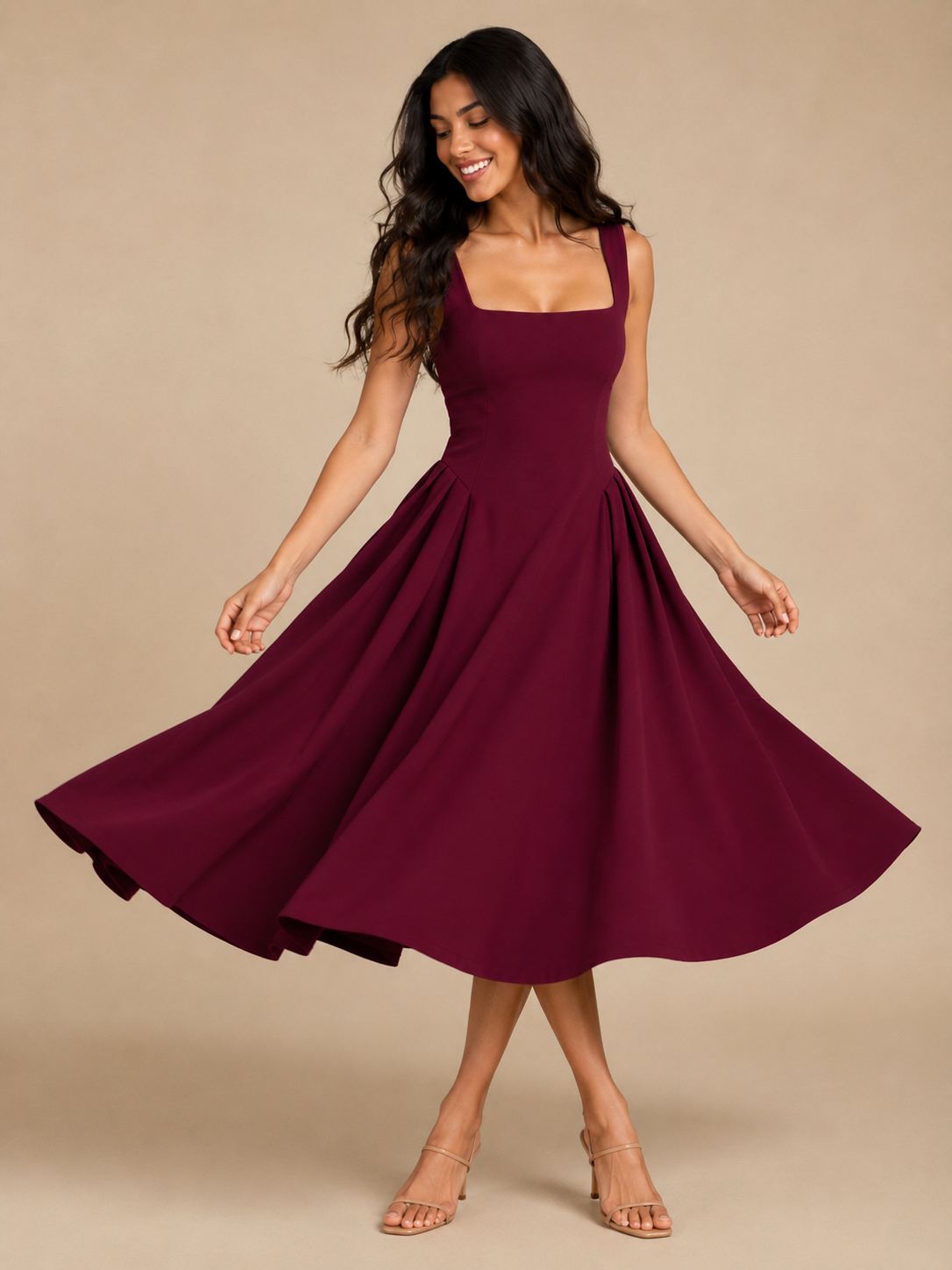 Sadie Square Neck Midi Dress with Flared Skirt