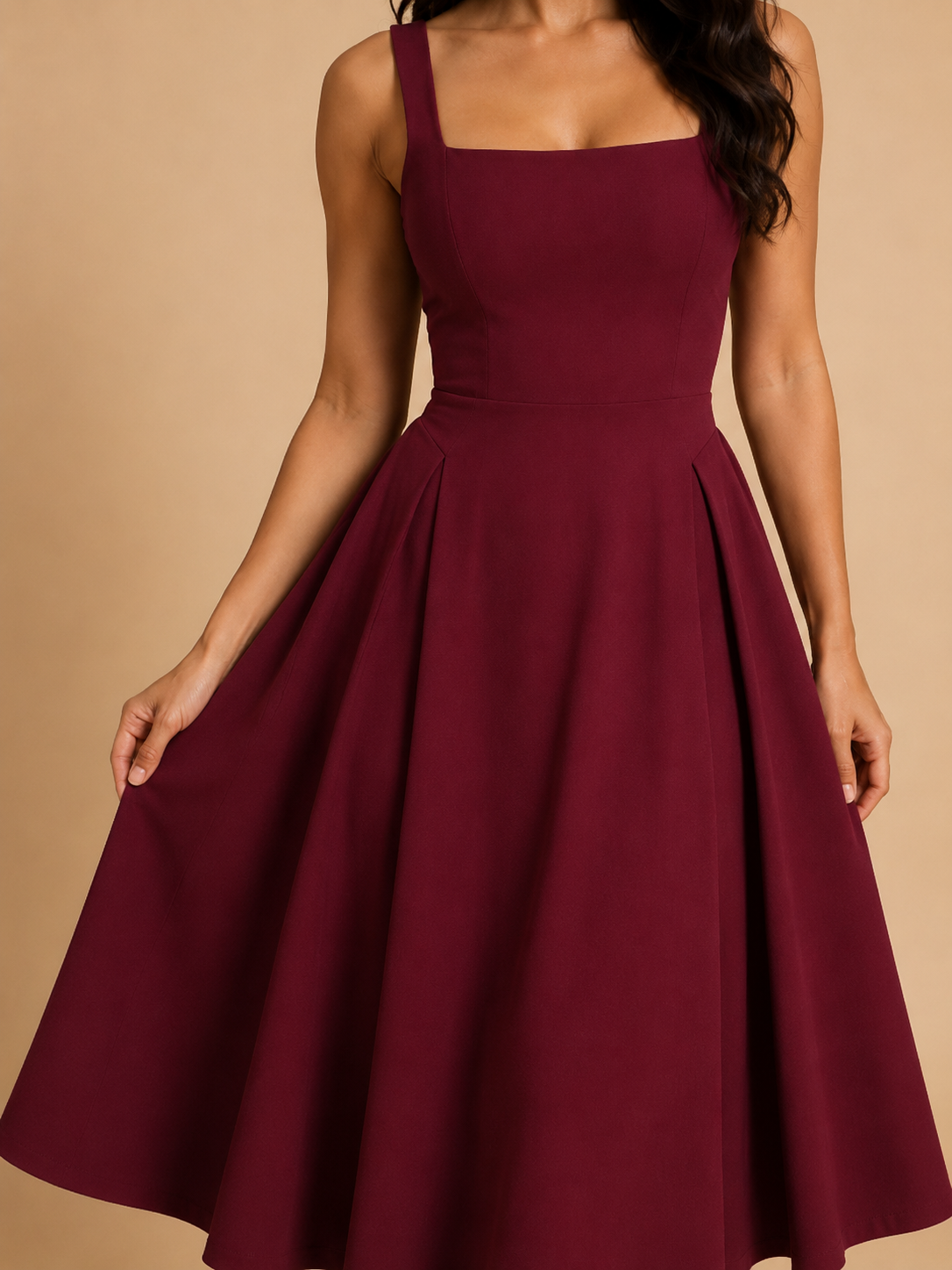 Sadie Square Neck Midi Dress with Flared Skirt