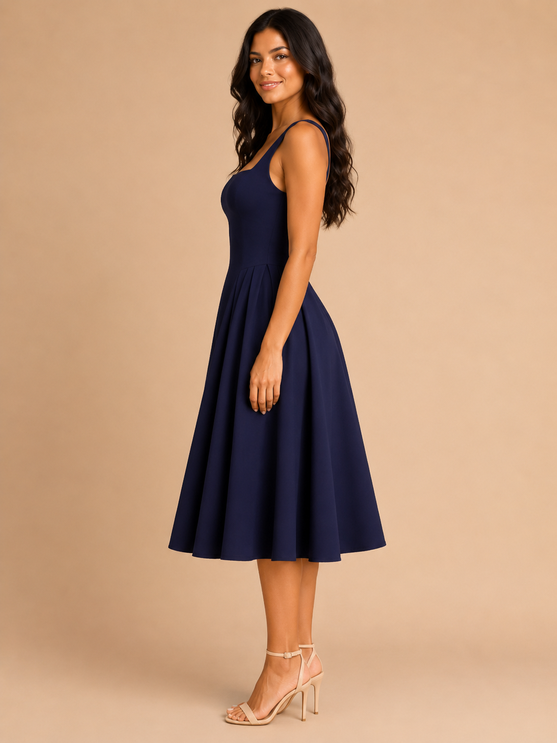 Sadie Square Neck Midi Dress with Flared Skirt