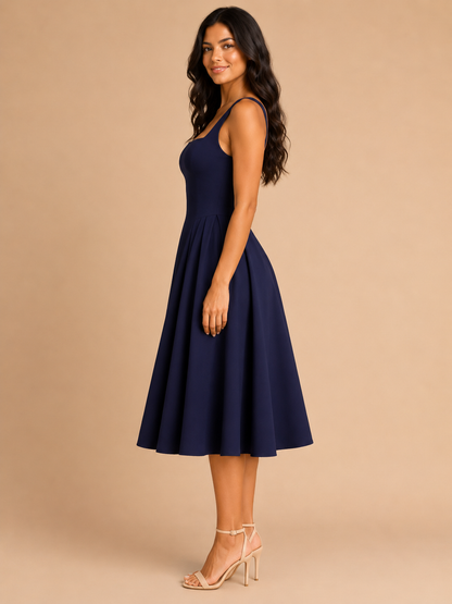 Sadie Square Neck Midi Dress with Flared Skirt