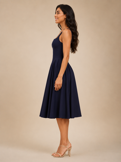 Sadie Square Neck Midi Dress with Flared Skirt