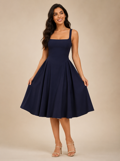 Sadie Square Neck Midi Dress with Flared Skirt