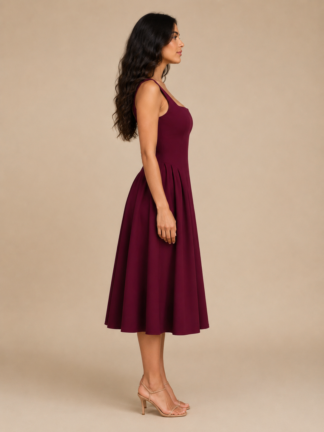 Sadie Square Neck Midi Dress with Flared Skirt