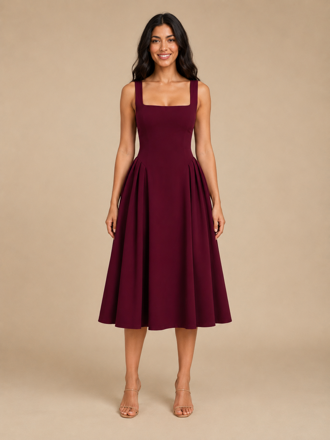 Sadie Square Neck Midi Dress with Flared Skirt