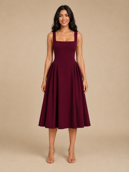 Sadie Square Neck Midi Dress with Flared Skirt