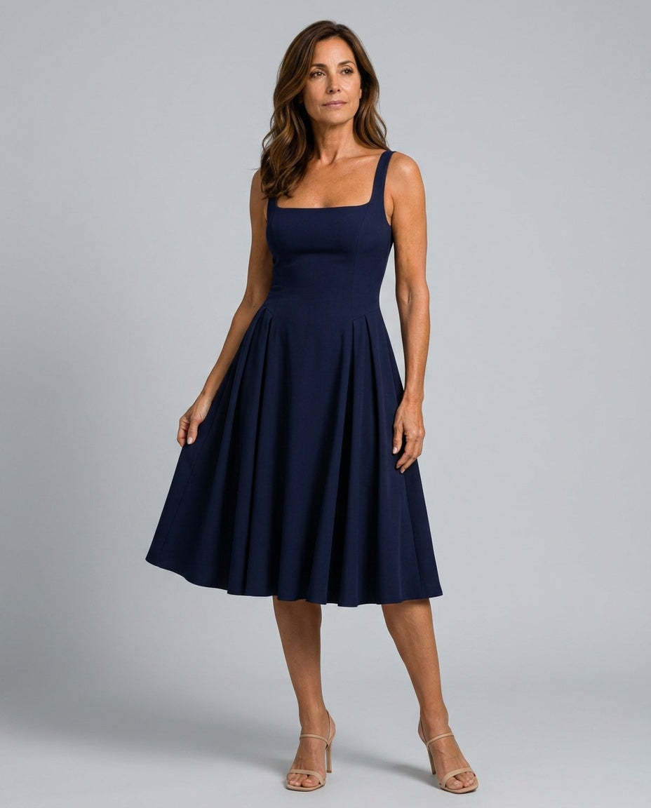 Sadie Square Neck Midi Dress with Flared Skirt – Blue