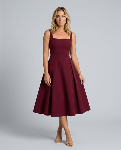 Sadie Square Neck Midi Dress with Flared Skirt – Red