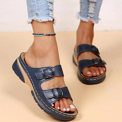 Sally Summer Slides with Adjustable Double Buckle – Blue