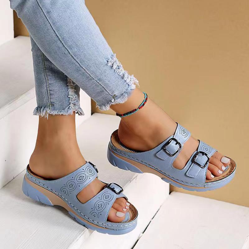 Sally Summer Slides with Adjustable Double Buckle – Light Blue