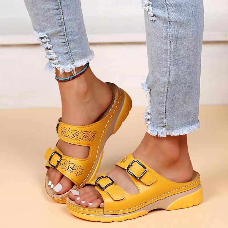 Sally Summer Slides with Adjustable Double Buckle – Yellow