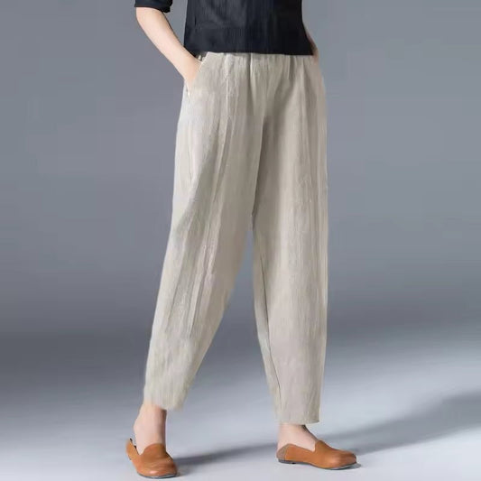 Sasha High Waisted Linen-Look Summer Pants with Tapered Leg – Beige