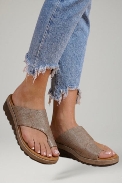 Sian Broad Strap Slides with Toe Loop and Cork-Effect Footbed
