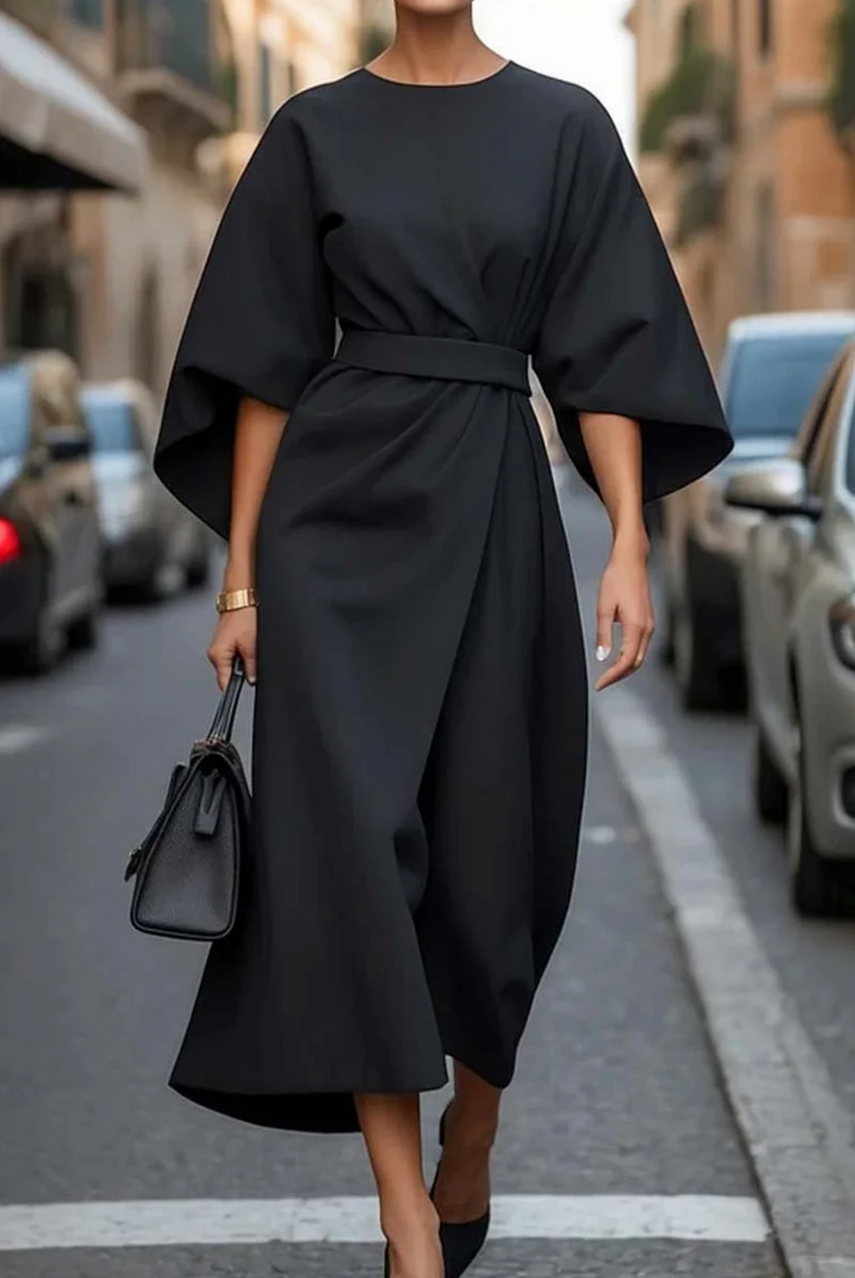 Sophie Elegant Flowy Maxi Dress with Belted Waist – Black