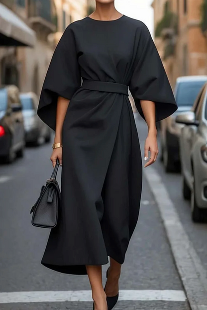 Sophie Elegant Flowy Maxi Dress with Belted Waist – Black