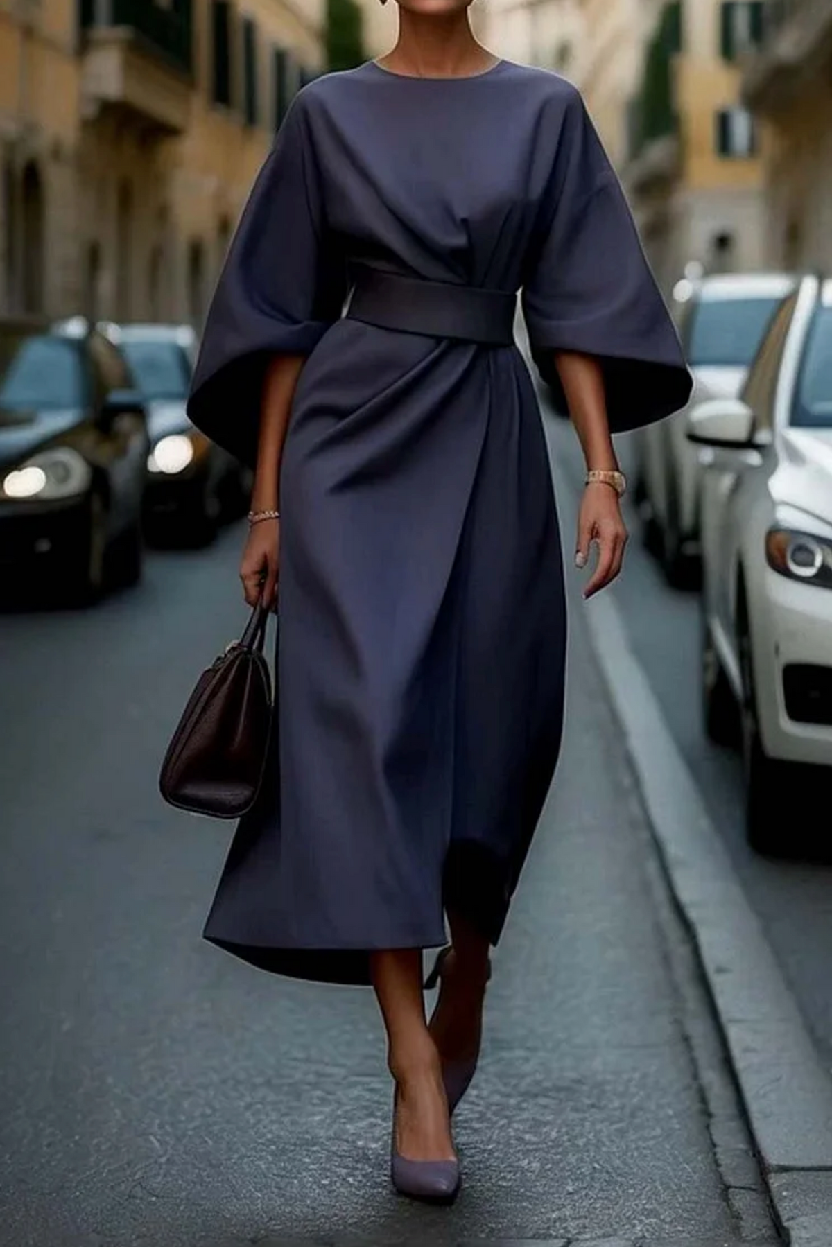 Sophie Elegant Flowy Maxi Dress with Belted Waist – Navy Blue