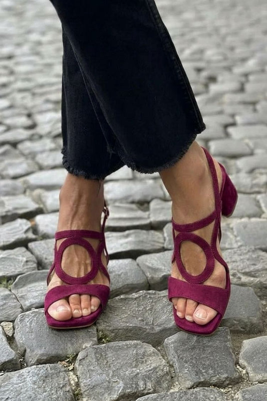 Suzy Elegant Block Heel Slingback Sandals with Circle Cutouts – Burgundy