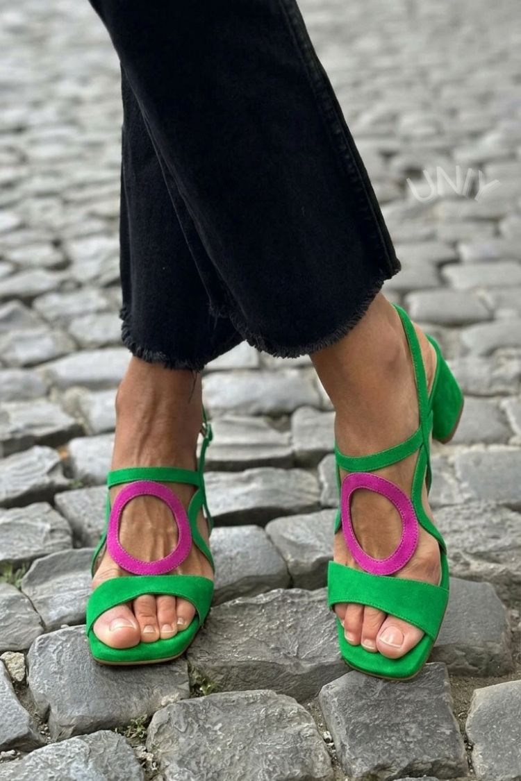 Suzy Elegant Block Heel Slingback Sandals with Circle Cutouts – Green and Pink
