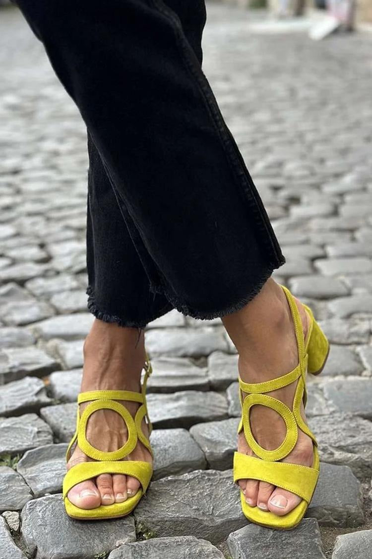Suzy Elegant Block Heel Slingback Sandals with Circle Cutouts – Yellow