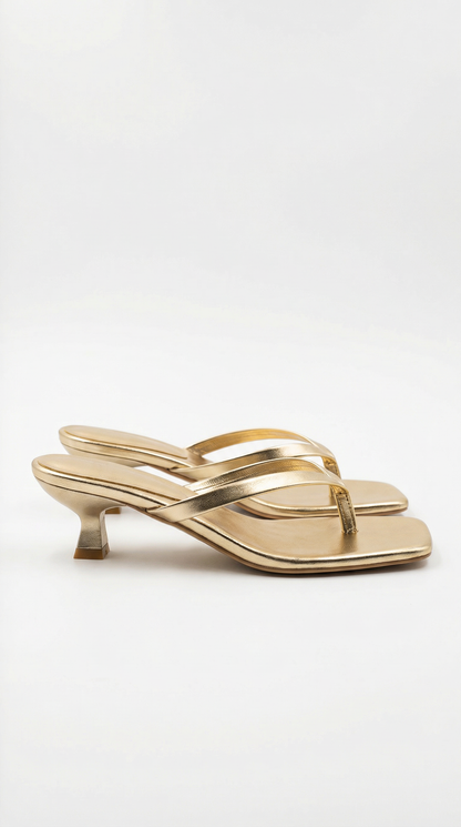 Tamsin Summer Kitten Heel Sandals in Minimalist Thong Style – Gold