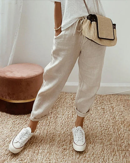 Tara Relaxed Linen-Look Drawstring Pants with Cuffed Hem – Beige
