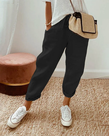 Tara Relaxed Linen-Look Drawstring Pants with Cuffed Hem – Black