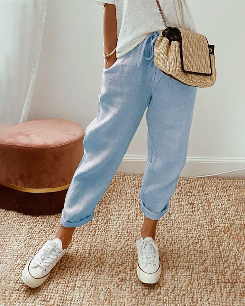 Tara Relaxed Linen-Look Drawstring Pants with Cuffed Hem – Blue