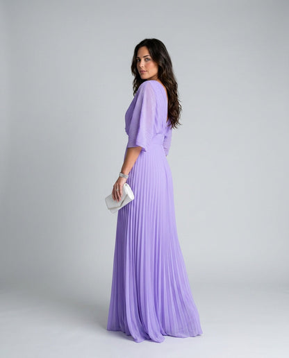 Thea Elegant Pleated Maxi Dress with V-Neck
