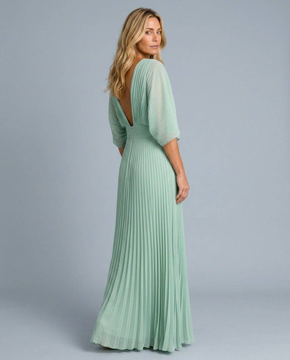 Thea Elegant Pleated Maxi Dress with V-Neck