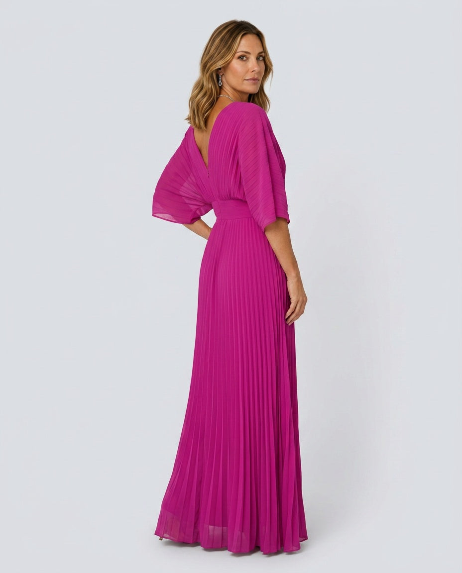Thea Elegant Pleated Maxi Dress with V-Neck