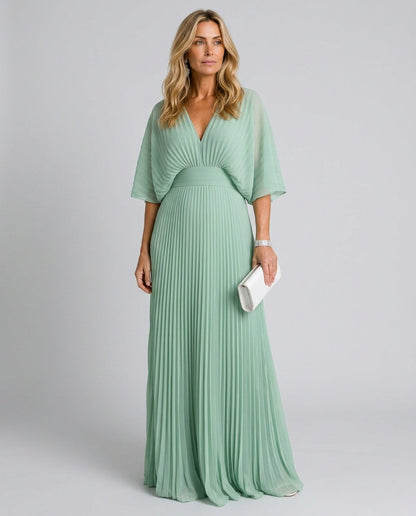 Thea Elegant Pleated Maxi Dress with V-Neck – Green