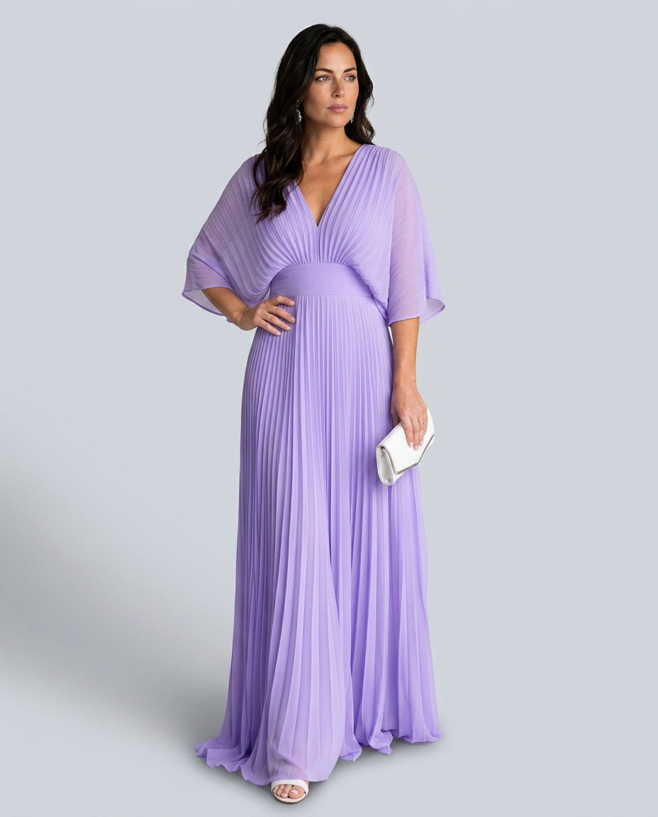 Thea Elegant Pleated Maxi Dress with V-Neck – Purple