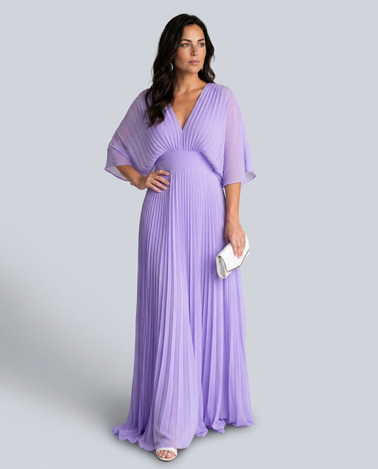 Thea Elegant Pleated Maxi Dress with V-Neck – Purple