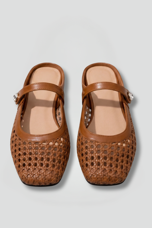 Tia Woven Mary Jane Mules with Crystal Button Strap