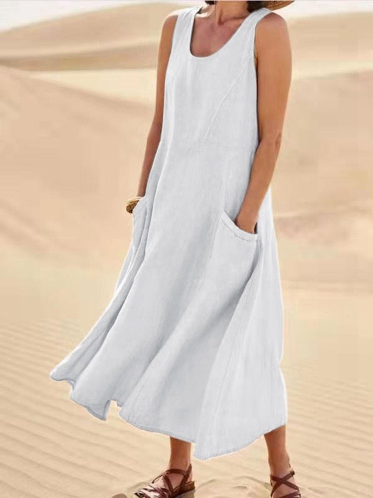 Tilly Linen-Look Summer Maxi Dress with Pockets – Beige White