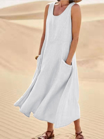 Tilly Linen-Look Summer Maxi Dress with Pockets – Beige White