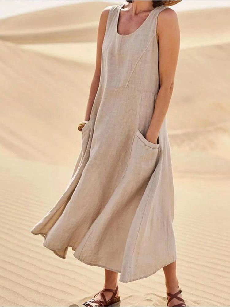 Tilly Linen-Look Summer Maxi Dress with Pockets – Khaki