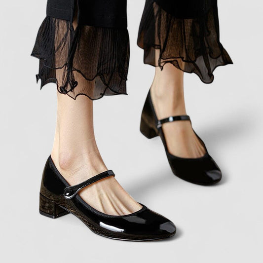 Tina Classic Patent Mary Jane Shoes with Low Block Heel – Black