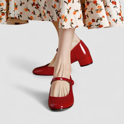Tina Classic Patent Mary Jane Shoes with Low Block Heel – Red