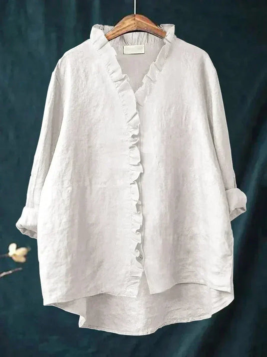 Tori Elegant Summer Linen Shirt with Collar and Cuffs – White