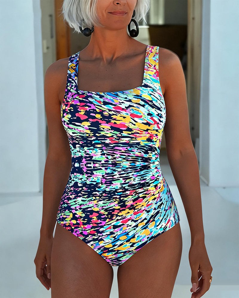 Trudy Square Neck One Piece Swimsuit with Ruched Sides – Multicolour