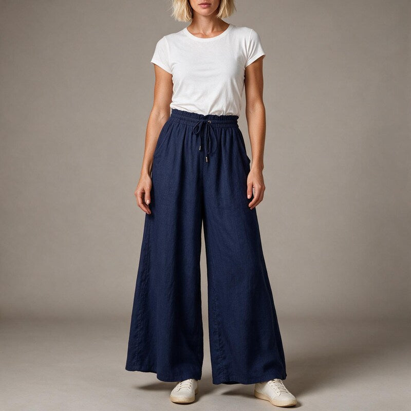 Una High Waisted Wide Leg Linen Pants with Drawstring