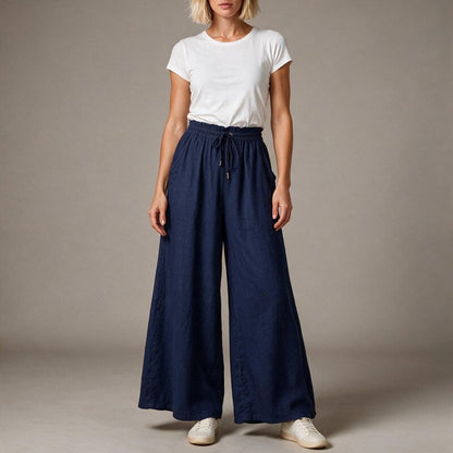 Una High Waisted Wide Leg Linen Pants with Drawstring