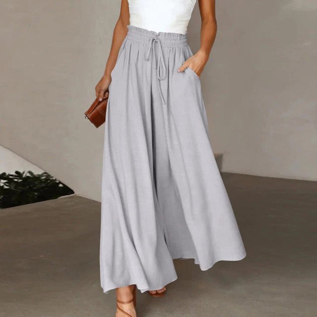 Una High Waisted Wide Leg Linen Pants with Drawstring – Grey