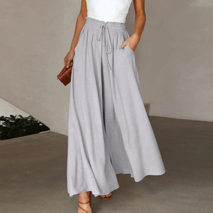 Una High Waisted Wide Leg Linen Pants with Drawstring – Grey