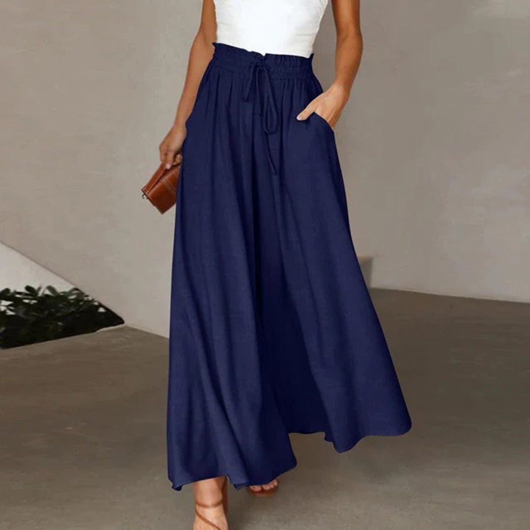 Una High Waisted Wide Leg Linen Pants with Drawstring – Navy